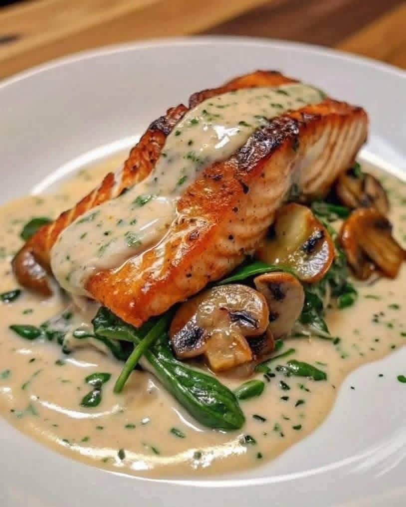 Kremete hvitløkssmørlaks med spinat og sopp