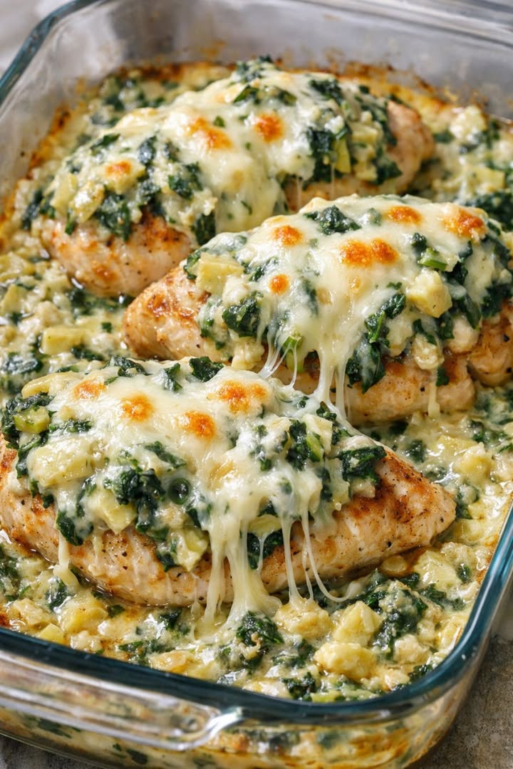 3-ingredienser bakt kylling med spinat- og artisjokkdipp