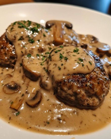 Langtidskokt Salisbury-biff med urtekrydret smak og soppsaus