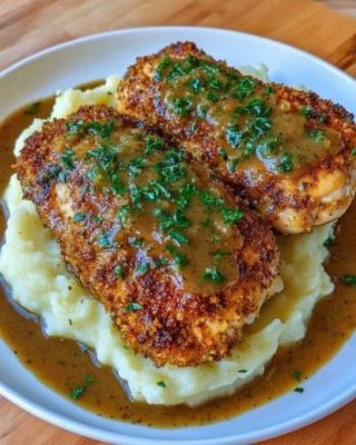 Langtidskokte kyllingfileter med urtepanering og kremet potetmos