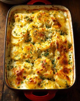 Kremete bakt potet- og kyllinggrateng